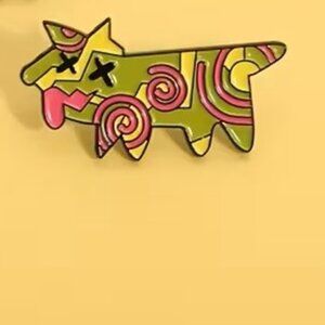 New Funky Pop Art Enamel 80's Dog Pin Green, Pink, & Yellow